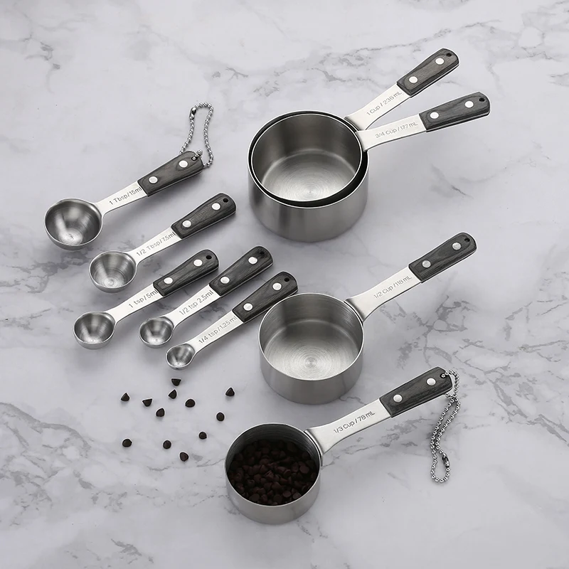 Measuring Cups and Spoons Set Stainless Steel Set of 9 Stackable Teaspoon Tablespoon Cup Wood Grip Handle Measuring Tools