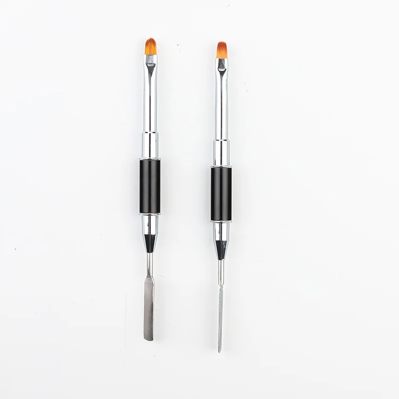 Black Metal Handle Dual Head Nail Art  tools Nail Acrylic Brushes Hair Gel Painting Nail Art Brush with Spatula Pusher
