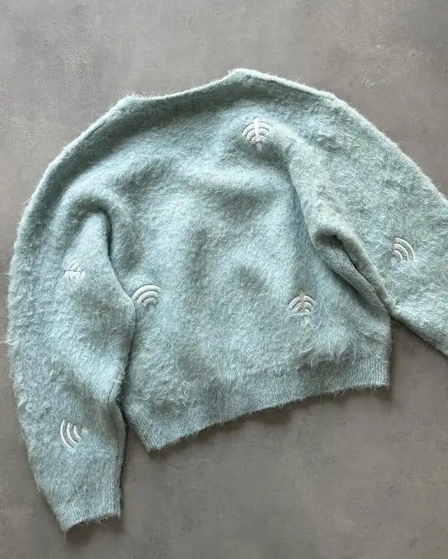 Clothing Manufacturer Custom Men Knitted Sweater Fuzzy Long Sleeve Knitwear Winter Sweater Embroidered Mohair Cardigan
