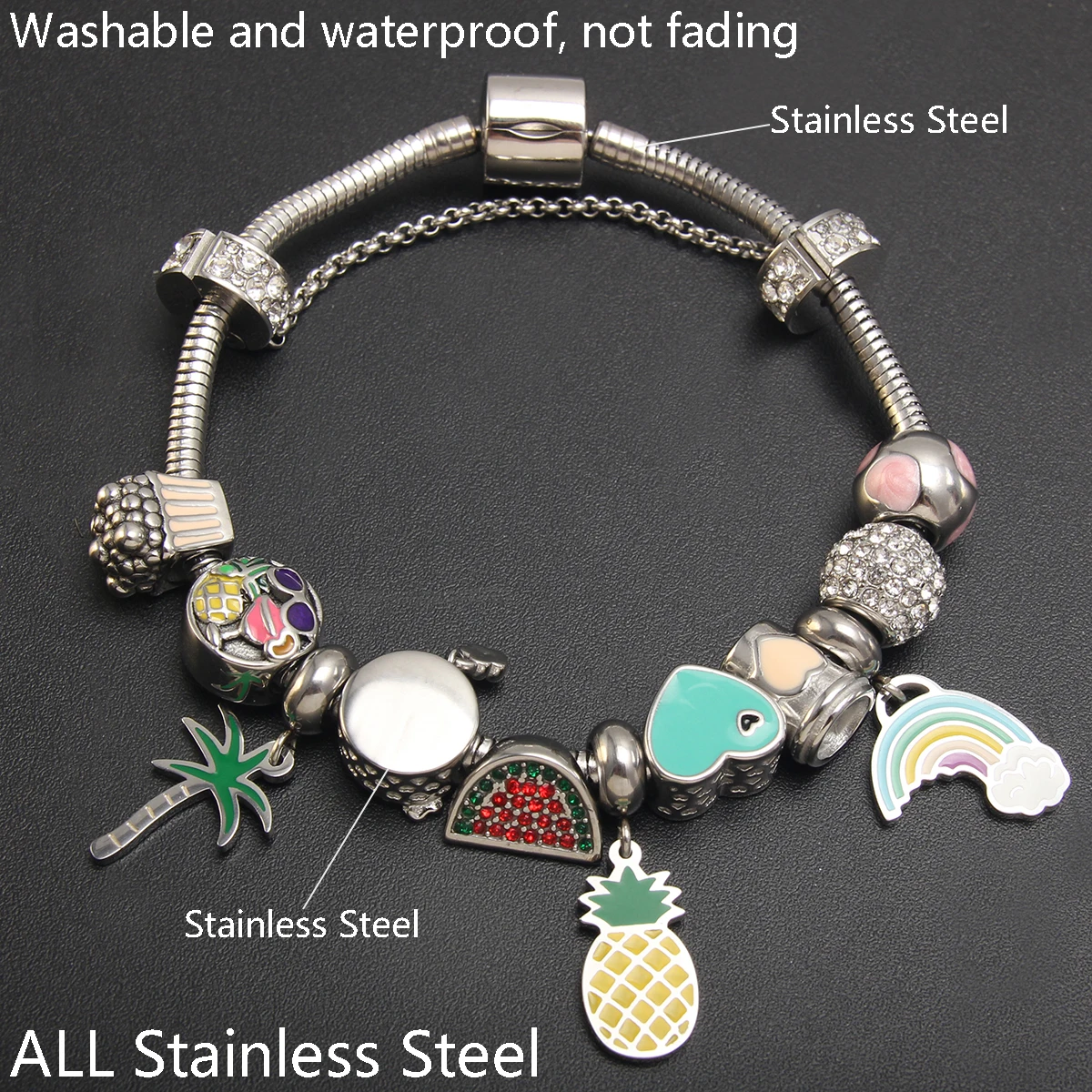 Fashion Washable Stainless Steel DIY Zircon Bangles Waterproof Bone Chain Beads Pendant Bracelets Jewelry Accessories