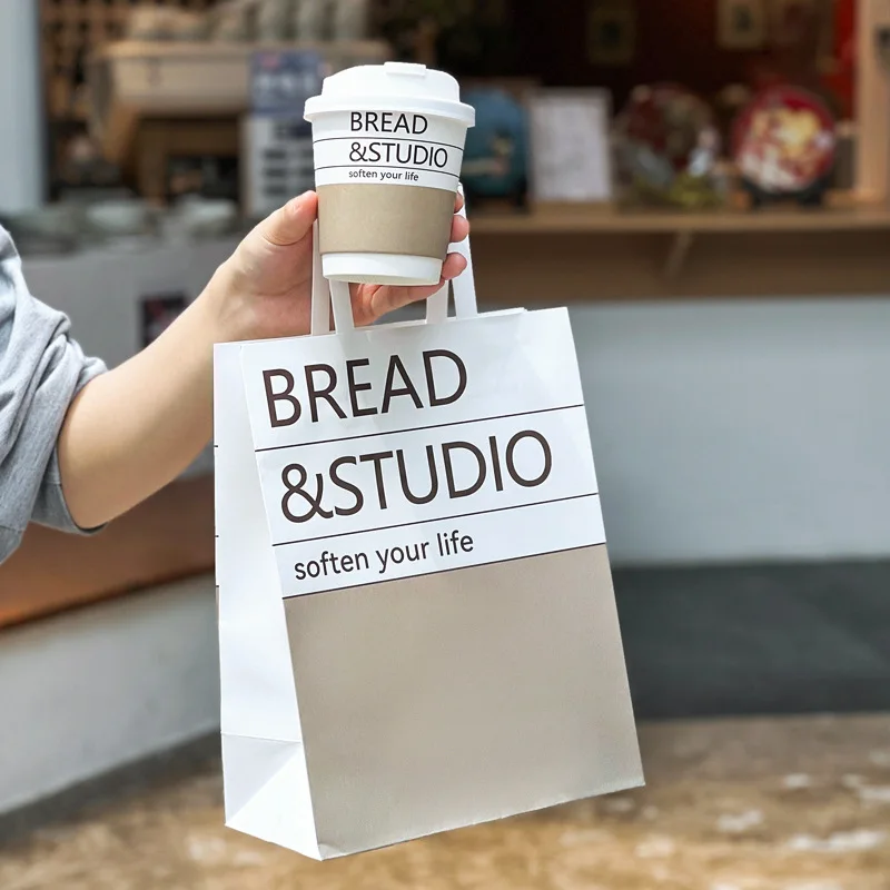 Hot selling custom printing shopping packaging restaurant coffee food delivery carrying reusable kraft paper bags