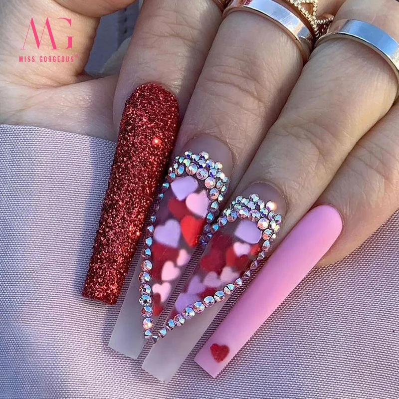 MG 24pcs Pink Press on Acrylic nails Gel False Coffin Press On Nail French Fake Private Label Nails False