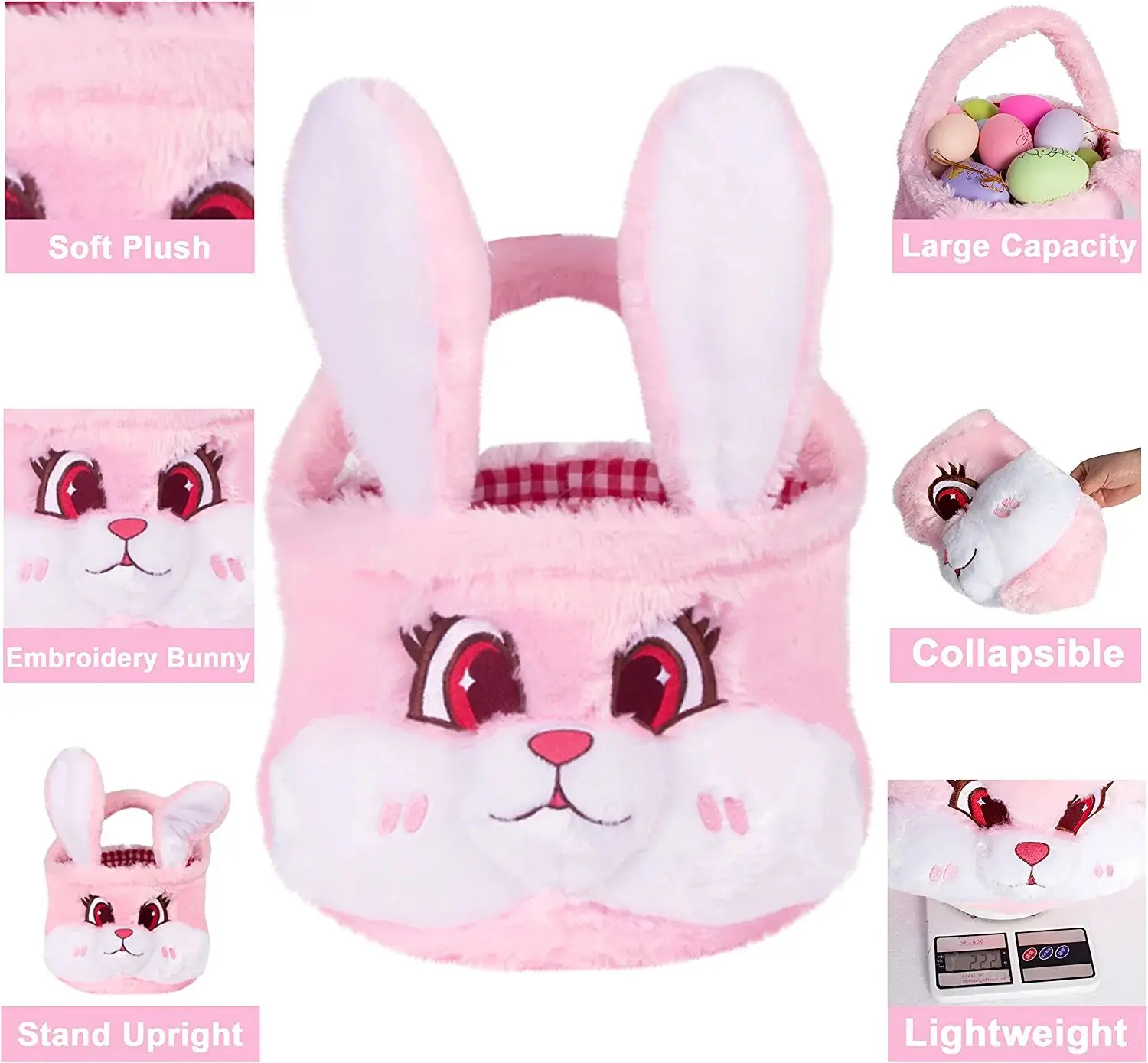3D Cute Plush Empty Bucket with Foldable Ears and Handle Bunny Easter Basket for Kids Gift Pink