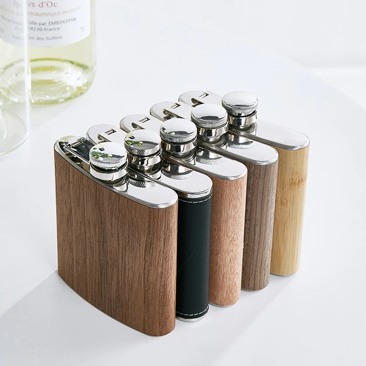 Hot Selling 6oz Wood Grain Leather Stainless Steel Wine Pocket Hip Flask for Party