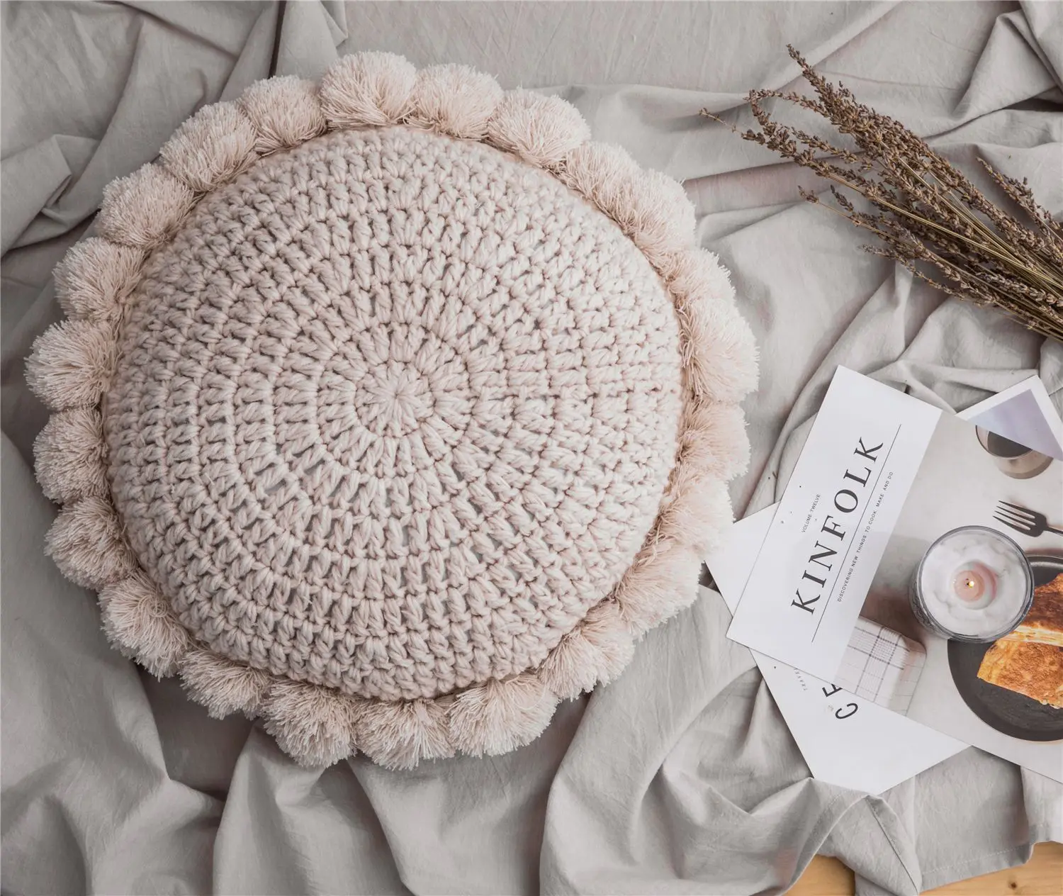Nordic Wool Knitted Round Sofa Cushion Solid Color Living Room Pillow Pom Pom Decorative Cushion For Home Decor