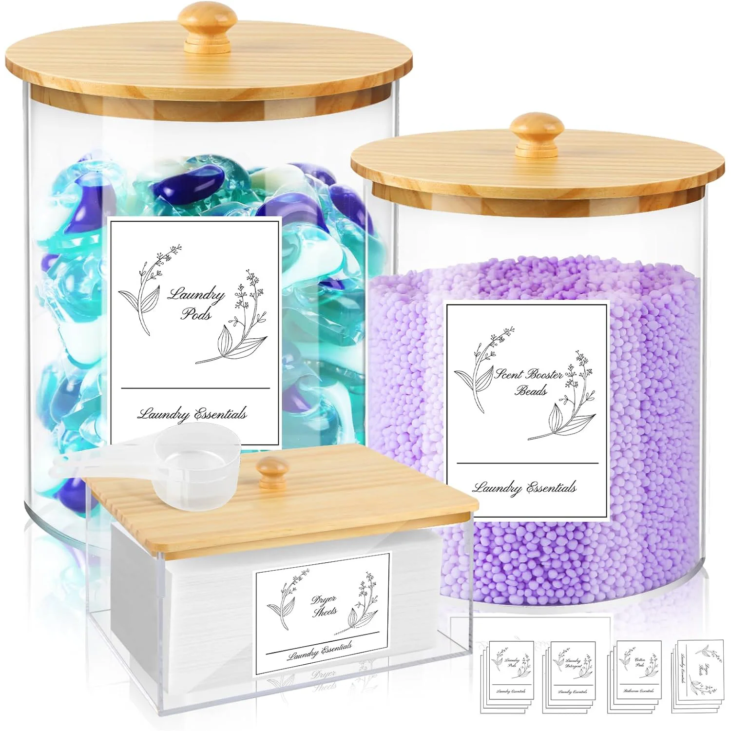 Clear Laundry Powder Container Dryer Sheet Dispenser Holder Acrylic Laundry Room Organizer Jars Storage Box with Bamboo Lid