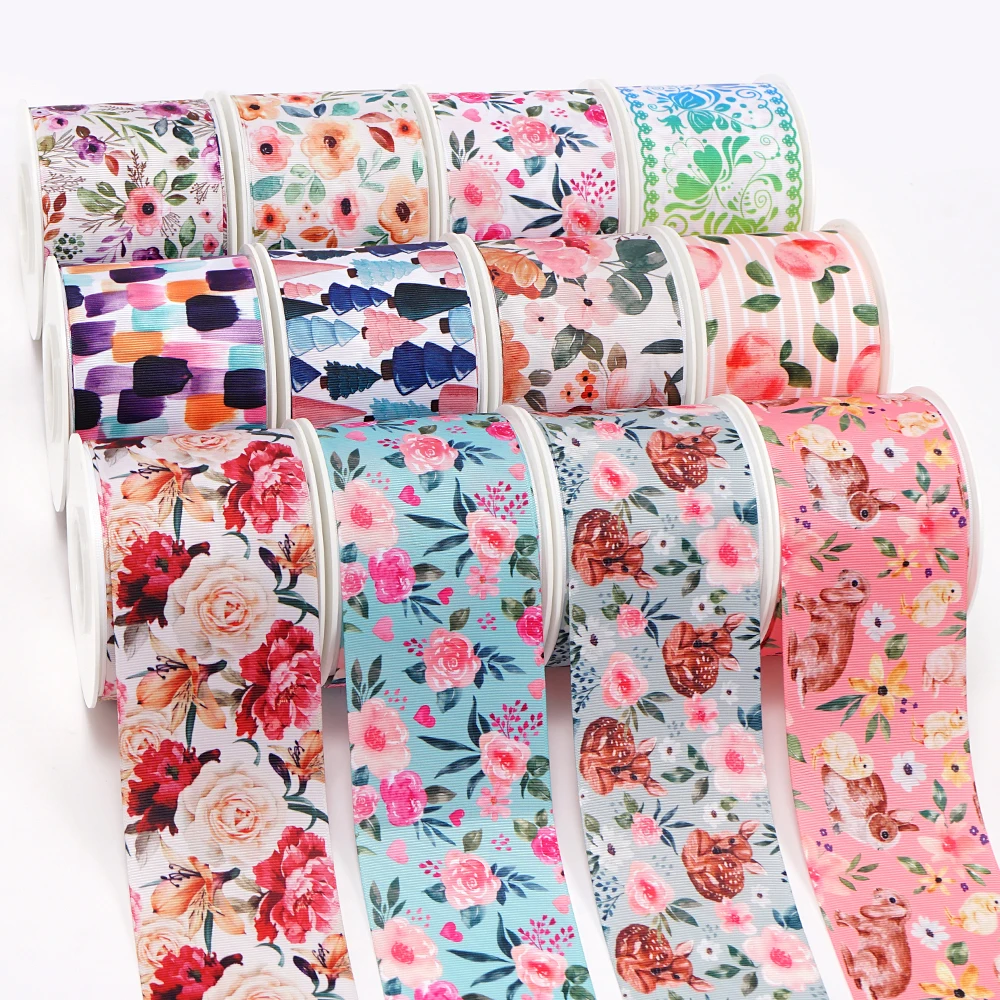 High Quantity Cartoon Flowers Printed Grosgrain Ribbon For Home Wedding Christmas Decoration 50 Yard Wholesale
