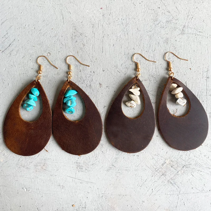 Bohemian Lightweight Leather Dangle Earrings for Women Dark brown Teardrop Earrings