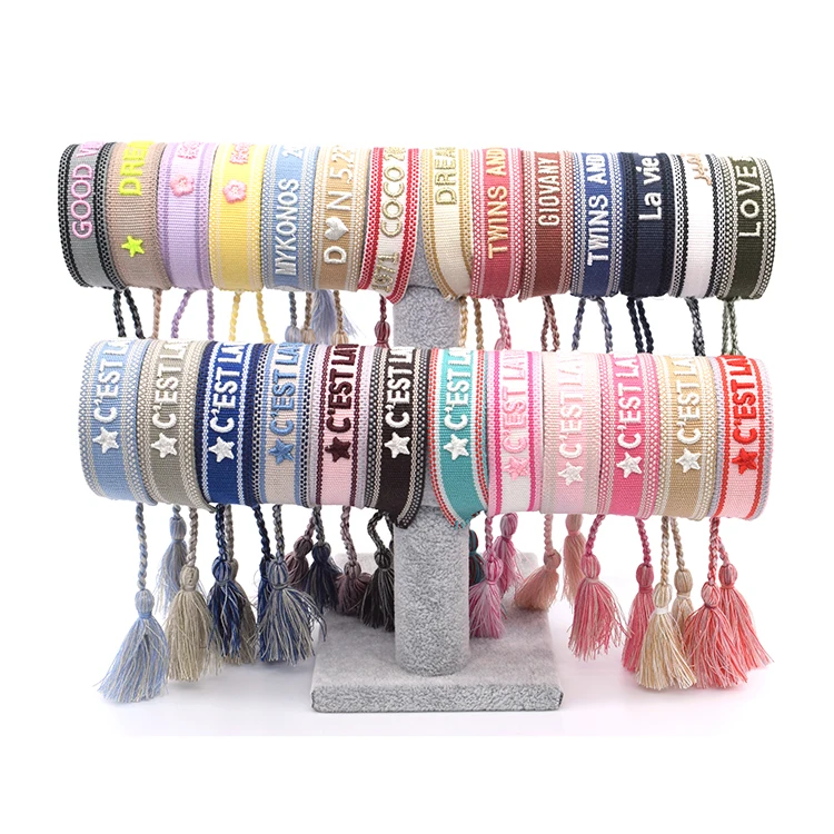 Cotton Woven custom name  Bracelets, mixed color letter Embroidery Fabric Bracelets with words