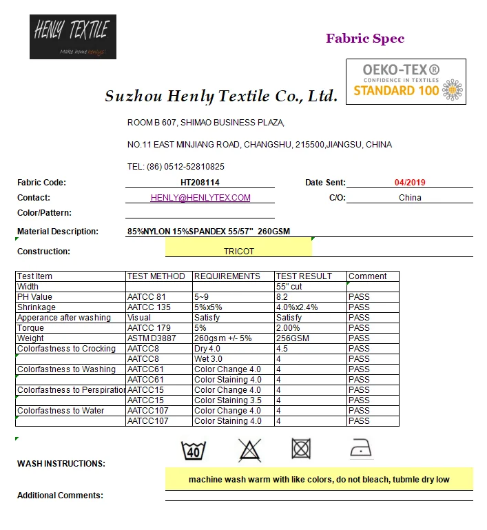 HT208114 85%POLYAMIDE 15%ELASTANE 260GSM KNITTED TRICOT FABRIC FOR LEGGING YOGA