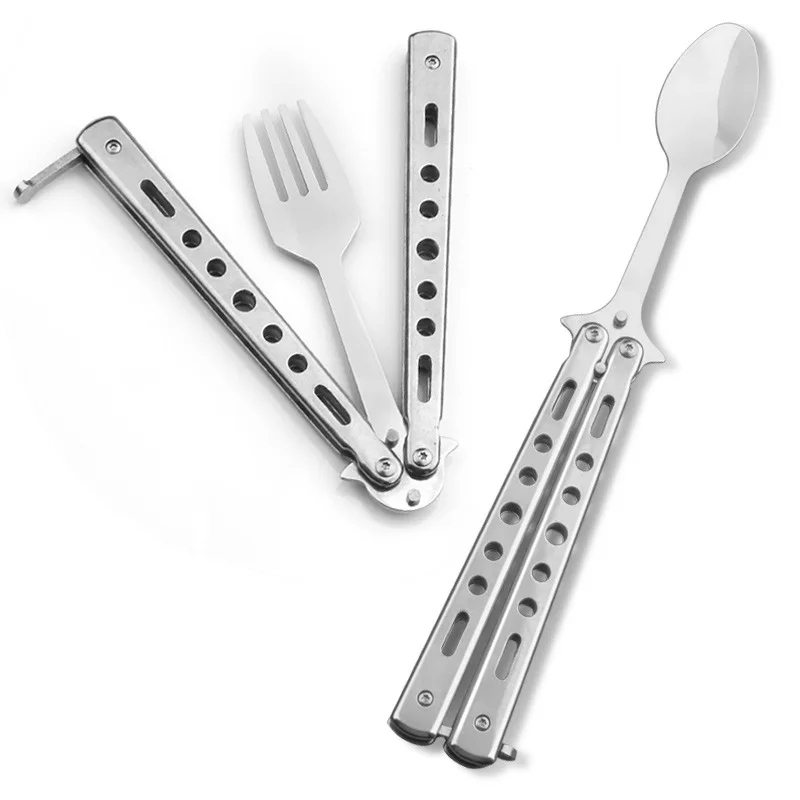 Camping Balisong Spoon Fork Metal Trainer Game Butterfly Knife Folding Tableware
