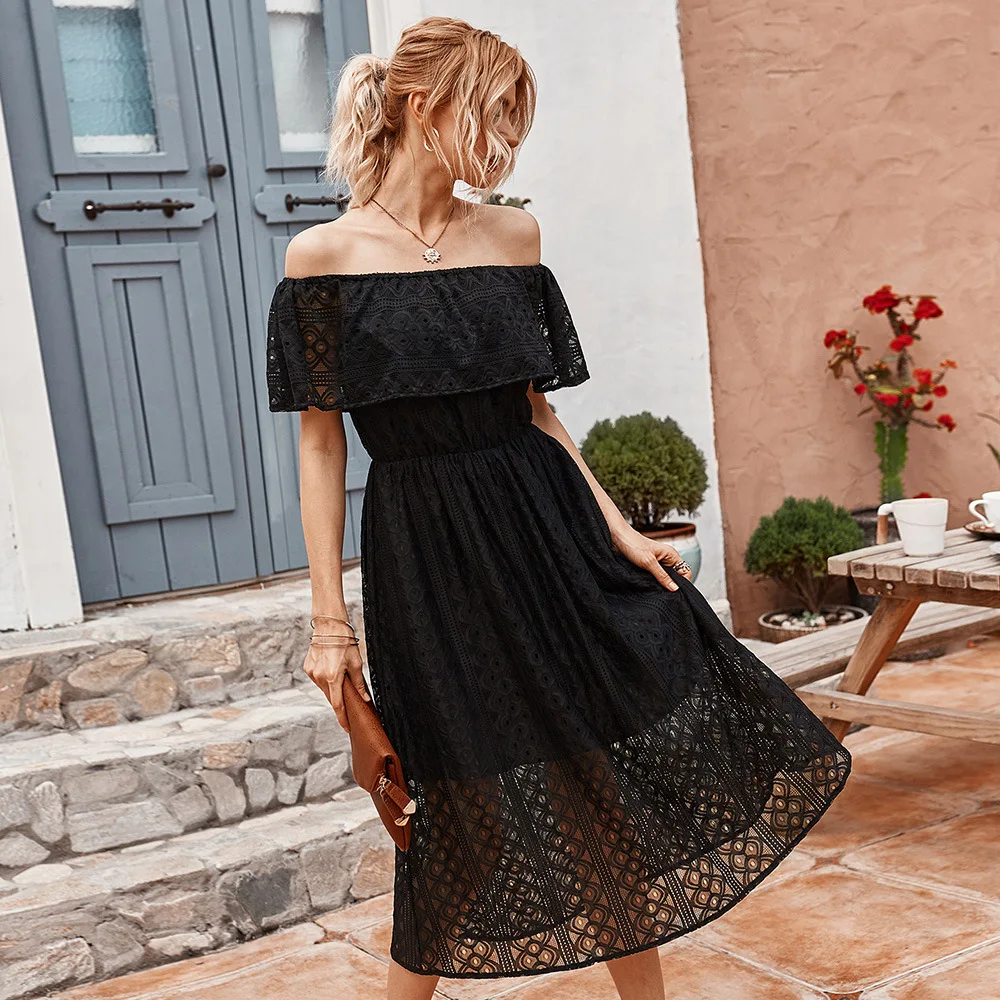 
Elegant Ruffles Off Shoulder Elastic Waist A-Line Lace Strapless Long Casual Dresses 