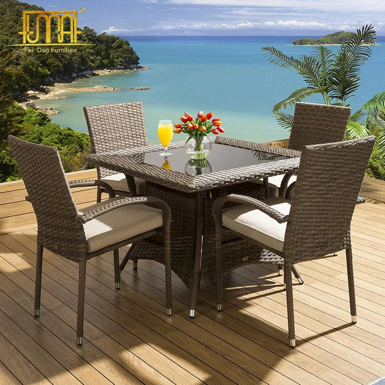 Outdoor Furniture Dining Set Square Table Rattan 4 Armed Brown Chairs Beige Cushions