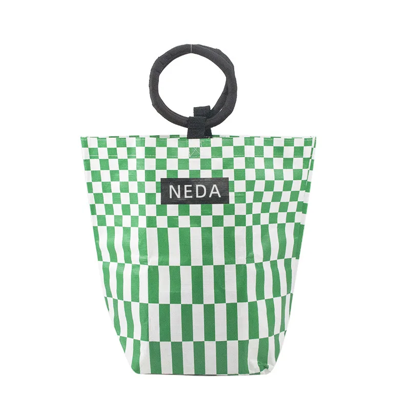 Custom green and white plaid laminate pp woven personalized portable shopping bag