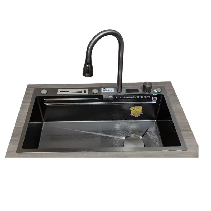 Новый индивидуальный Лидер продаж черный водопад с ножевой рамой многофункциональная интеллектуальная кухонная раковина из нержавеющей стали