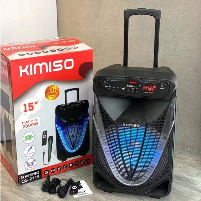 Kimiso15 дюймов BT динамик QS-2719 со светодиодной цветной свет и беспроводной микрофон для караоке на открытом воздухе диктор вагонетки