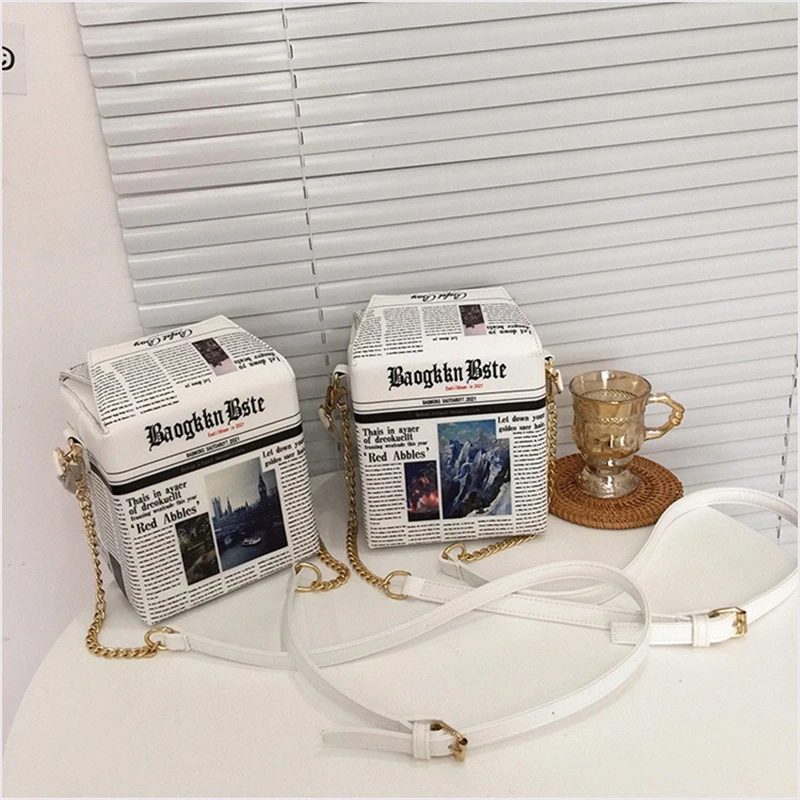 Fashion Newspaper Print Chain Bags Large Capacity Tote Handbags for Women Ladies PU Leather Shoulder Trendy Purses