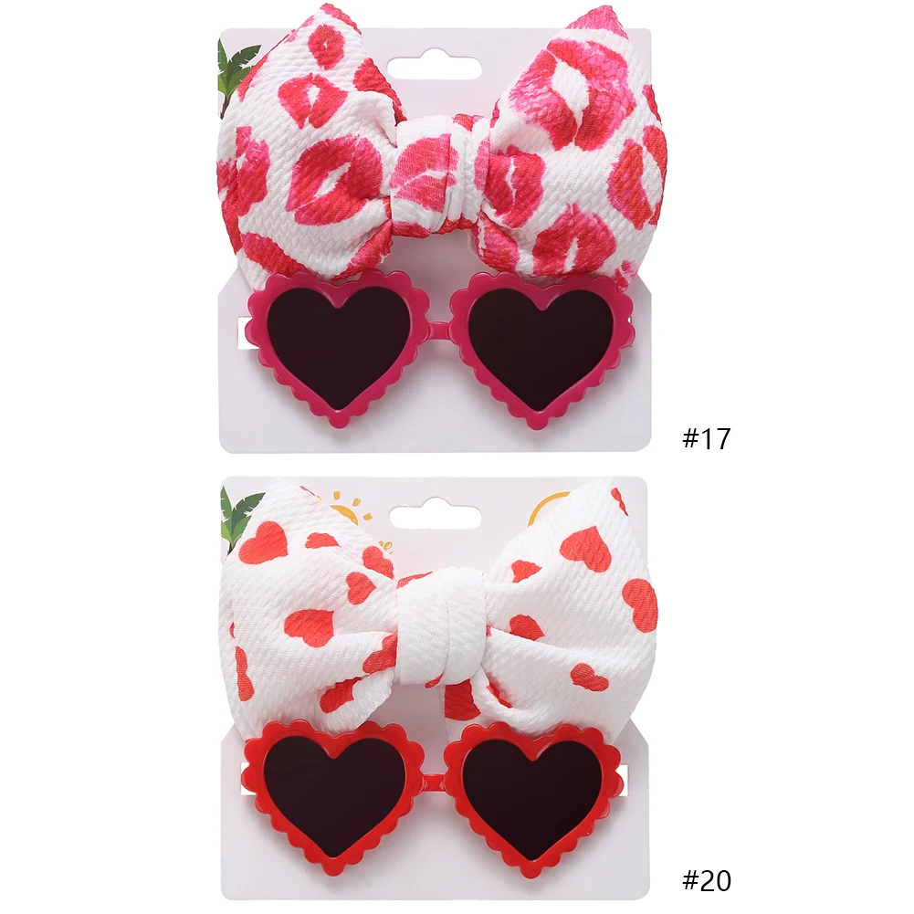 Summer 2Pcs Heart Shape Red Baby Sunglasses with Big Hair Bows Swiss Dots Nylon Headband Set Retro Sun Glasses