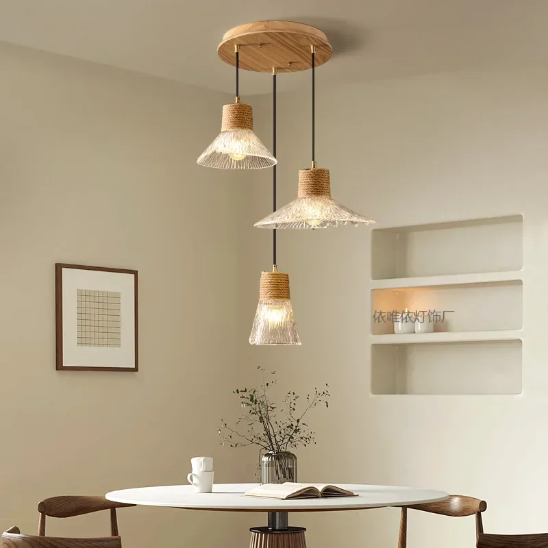 Japanese-Style Three-Head Hemp Rope Glass Disc Restaurant Chandelier Personality Log Wind Bar Window Lamp