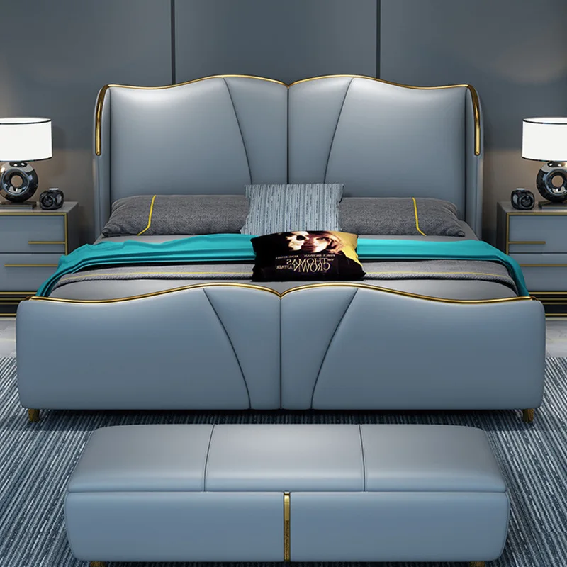 high quality solid wood bed design Hilton 5 star modern hotel Blue queen leather up-holstered beds furniture sets king size bed
