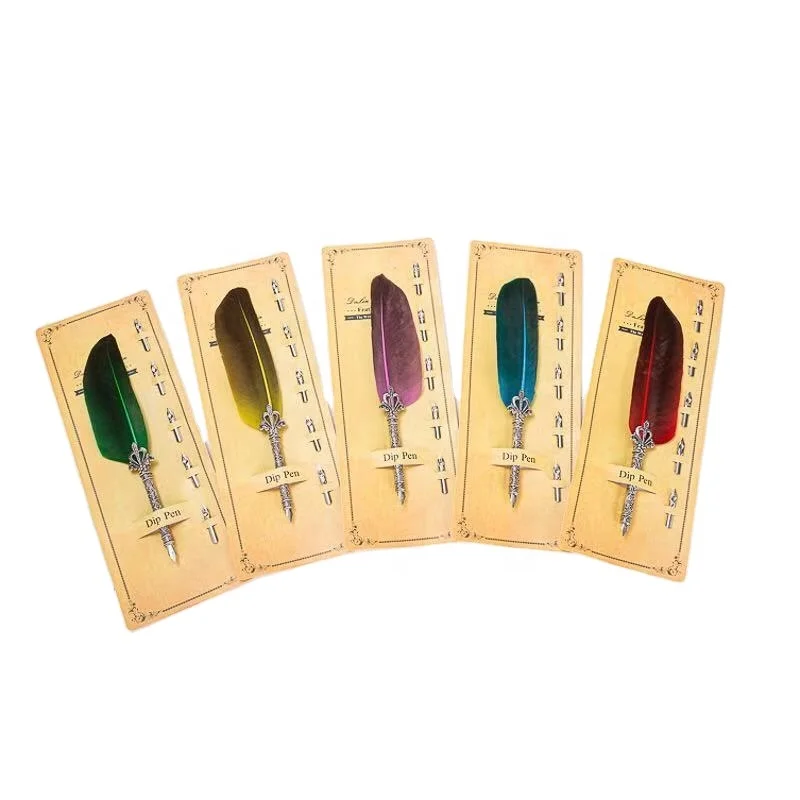 Creative Retro Feather Quill Pen Owl Feather Writing Dip Pen Hand Craft Copper Metal Pen with 5 Replaceable Nibs