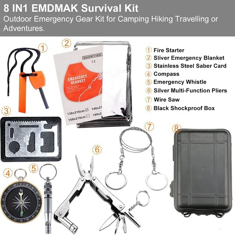 8 in 1 Customized Small Survival Box Kit New 72 Hour First Aid Survival Kit Tool Box for Natural Disasters