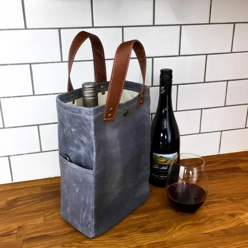 Promotional Eco Friendly Special Wine Beer Bottle Holder Bags Drink Cooler Waxed Canvas Tote Wine Bag With Handle