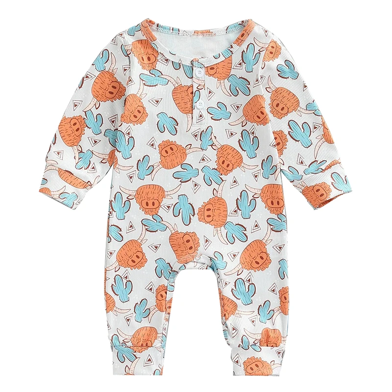 Ribbed Western Henley Jumpsuit Winter Boy Girl Long Sleeve Clothes Custom Animal Bubble Rompers Newborn Knit Baby Romper