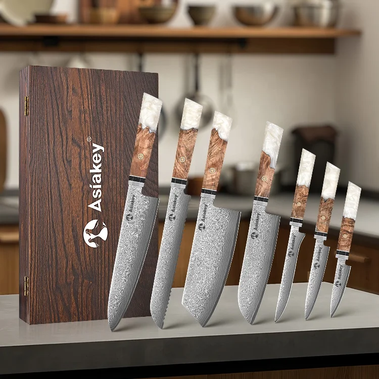 3 Pieces Unique Wood and Resin Handles Top-Grade Damascus Chef Knife Set Included Kitchen Utility Santoku Knife