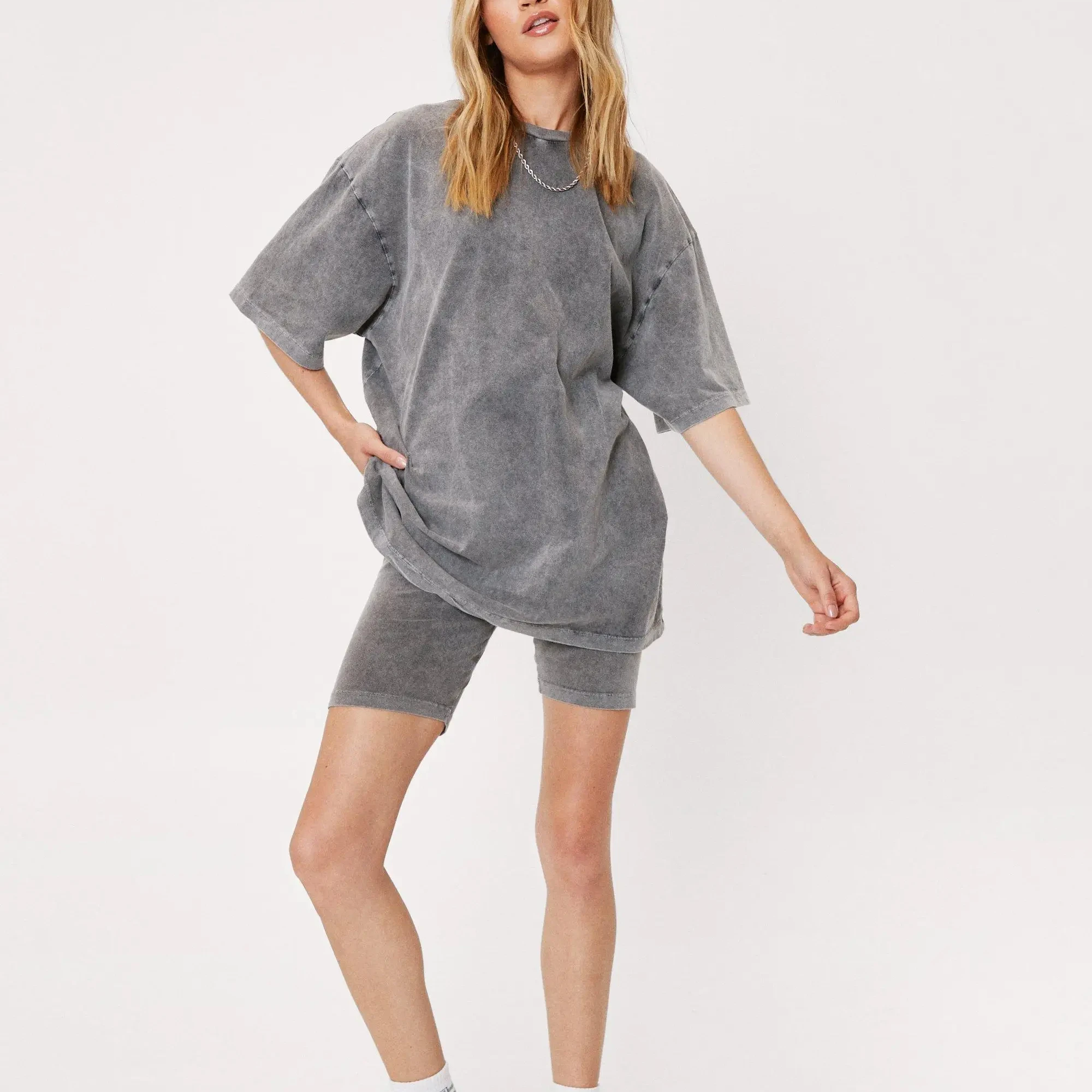 Acid Wash Adult Oversized Short Sleeve T-shirt And Cycling Shorts Vintage Set