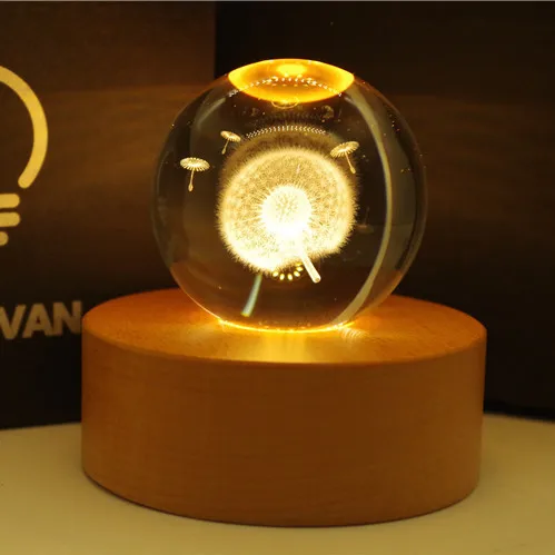 6cm 8cm 10cm 3d Laser Engraving Crystal Glass Ball Kids Bedroom Home Decor Small Night Lights With Led USB Wood Base