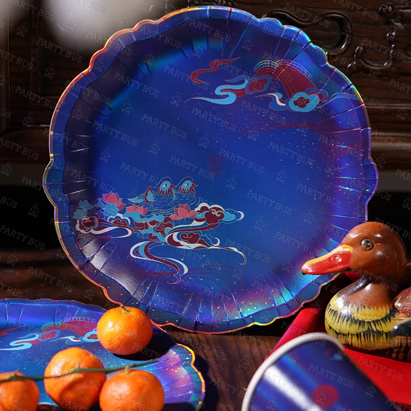 Partybus Traditional Chinese Style Dark Blue Paper Cups Plates Disposable Wedding Dinner Party Tableware Set