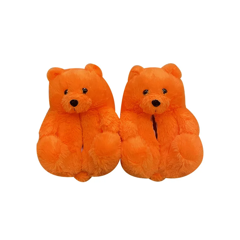 Winter Fashion kids Teddy Bear Slippers Open-Toe Cozy Plush Kids Fur Slides Orange Color children Fluffy Bear House Shoes