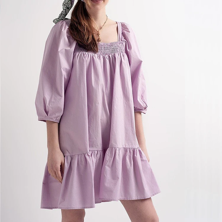 Plain Design Women Cotton Poplin Shirred Square Neck Puff Sleeves Loose Fit Mini Dress