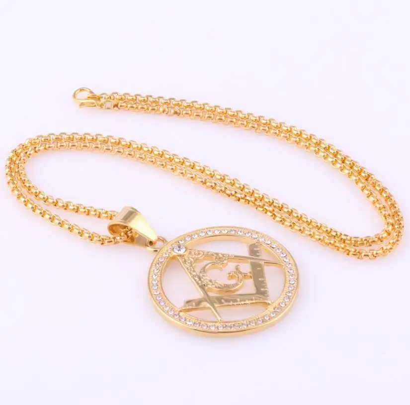2020 Hip hop jewelry full rhinestones Masonic charm necklace wholesale gold chain necklace for man