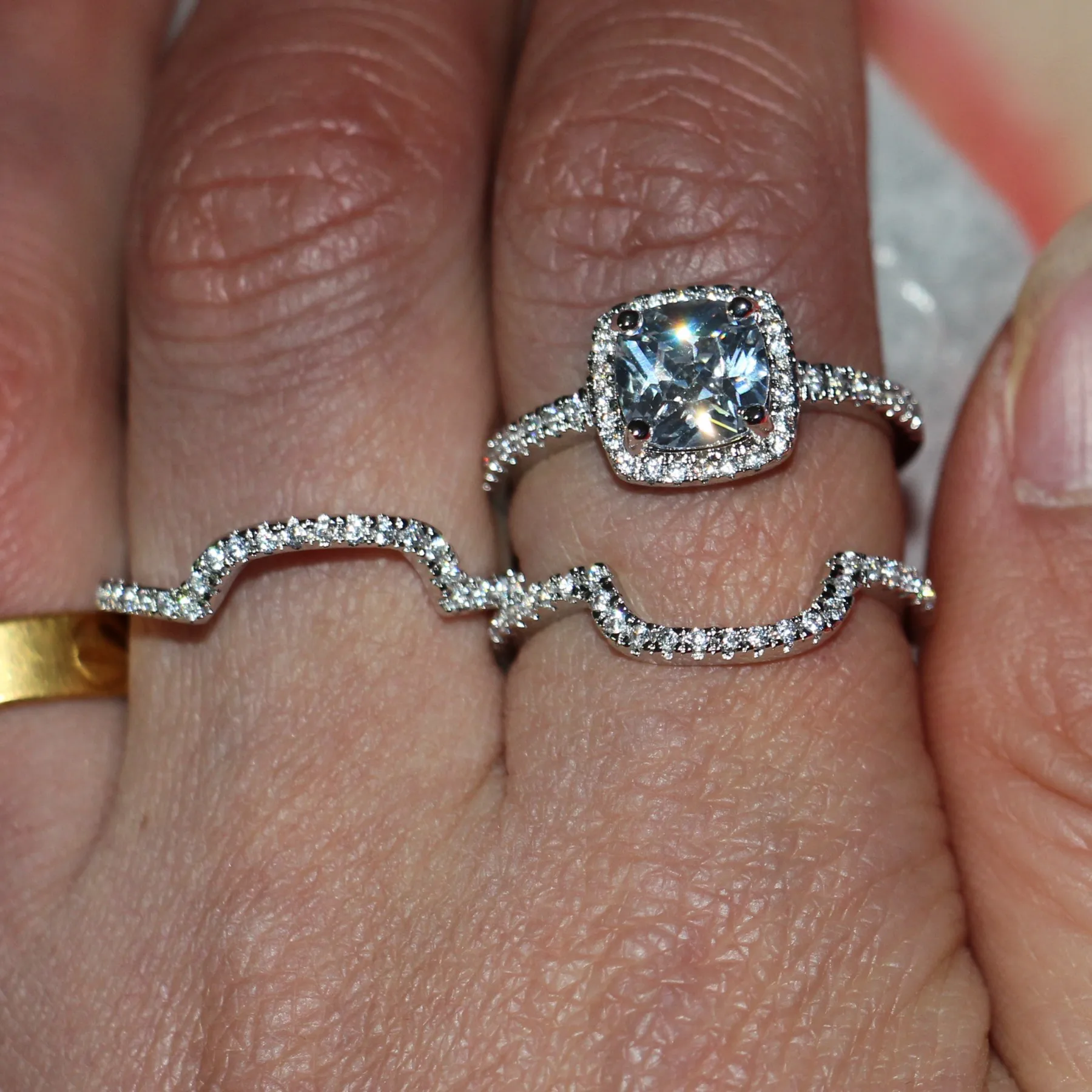 
Sterling Silver Princess Cut Bridal Set Engagement Wedding Ring Bands With Cubic Zirconia 