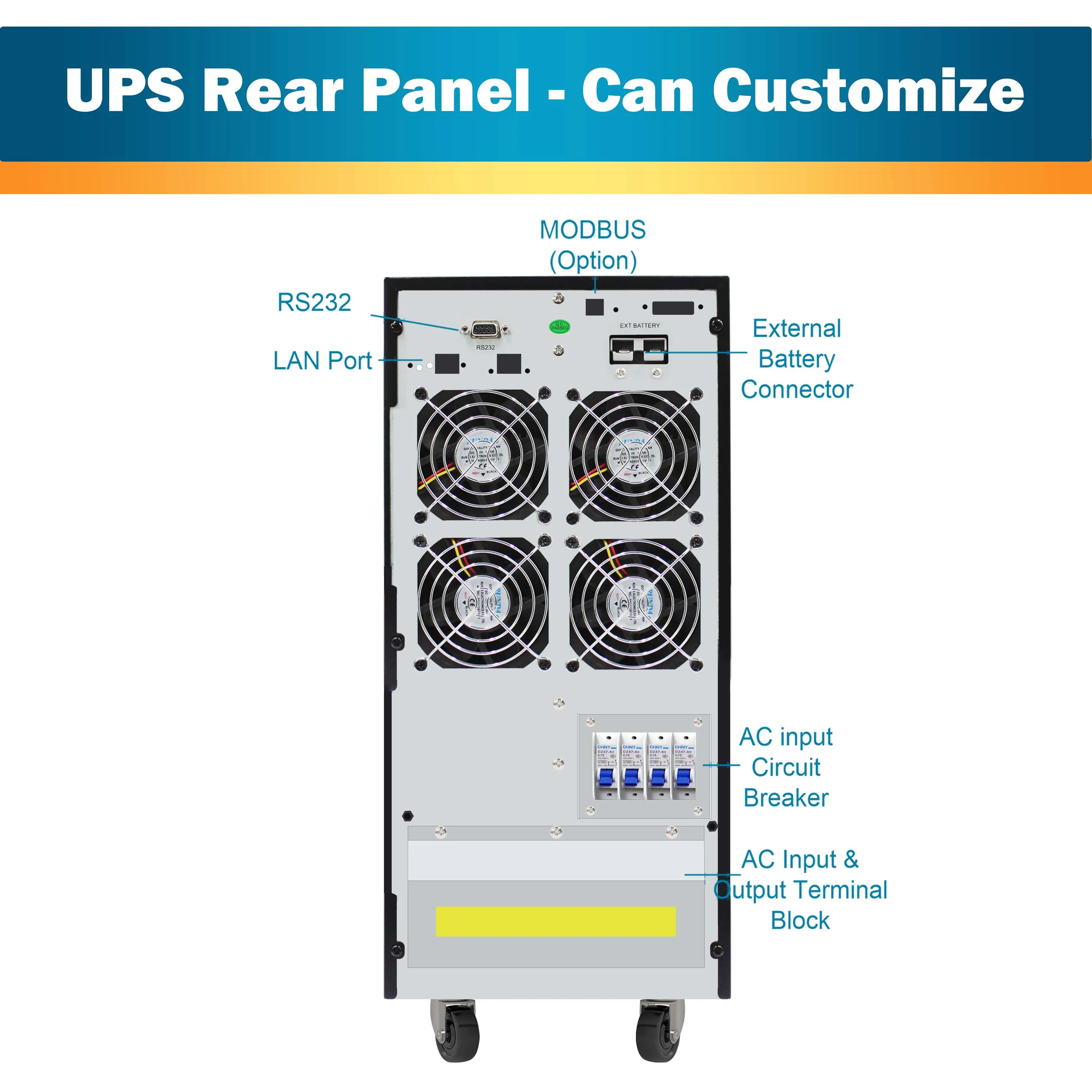 External battery type Online UPS Pure sinwave 20KVA/18KW 192/240VDC optional RJ45 RJ11 USB SNMP card 3 phases in and 1 phase out