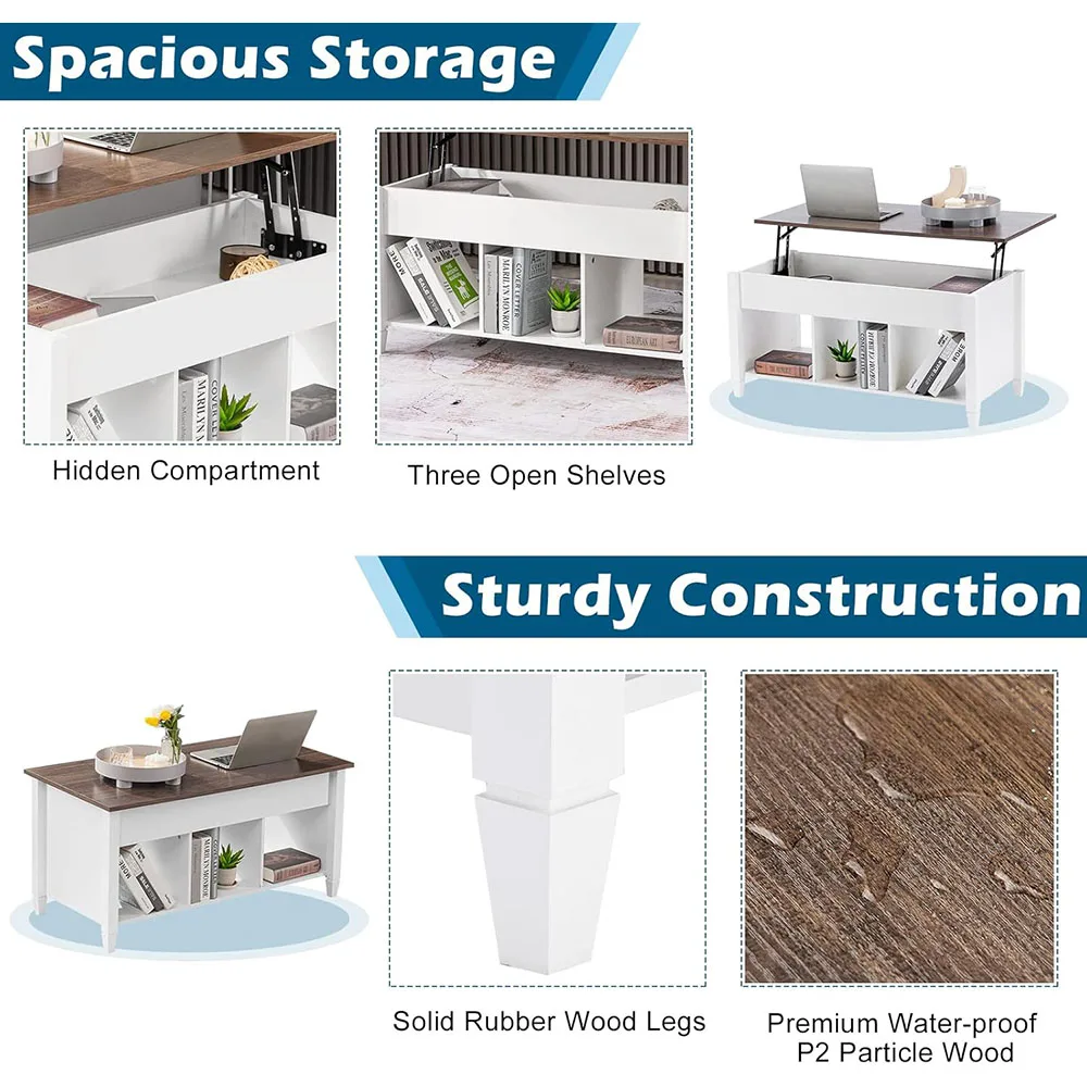 Lift Top Coffee Table, White, with Storage Shelf/Hidden Compartment, Gas Lift Mesa De Centro para Sala Pop Up Coffee Table