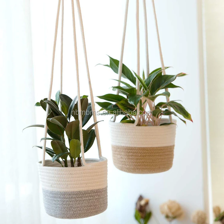QJMAX  Cotton Rope Hanging Planter Woven Plant Basket Indoor Storage Organizer Home Decor