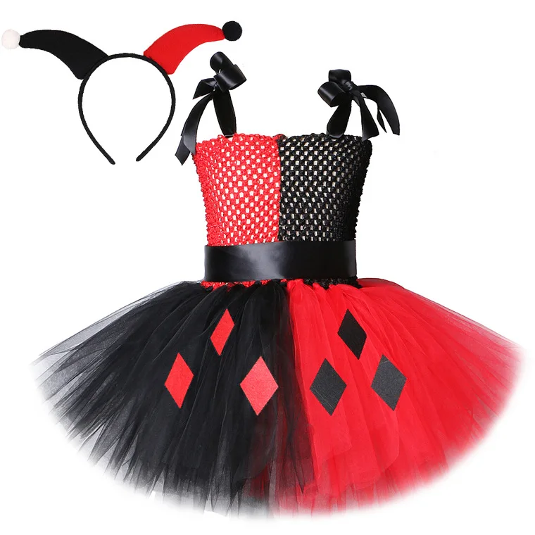 Halloween TV & Movie Costumes Kid Red And Black Clown Mesh Tutu Dress Cosplay Revenge Girl Stage Performer Dress with Headband