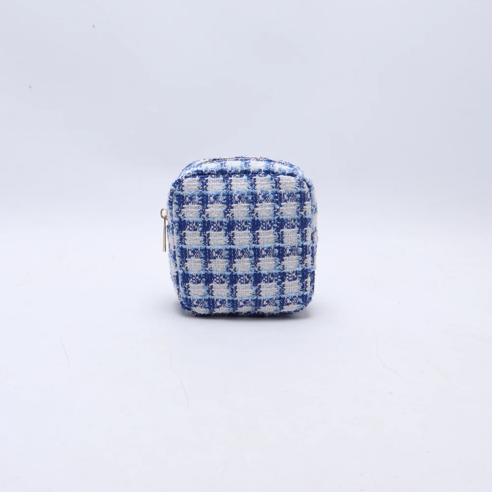 Keymay Stock NO MOQ Premium Tweed cosmetic make up case bag for Ladies Multi Use Pouch Large Capacity Zipper Pouches Custom