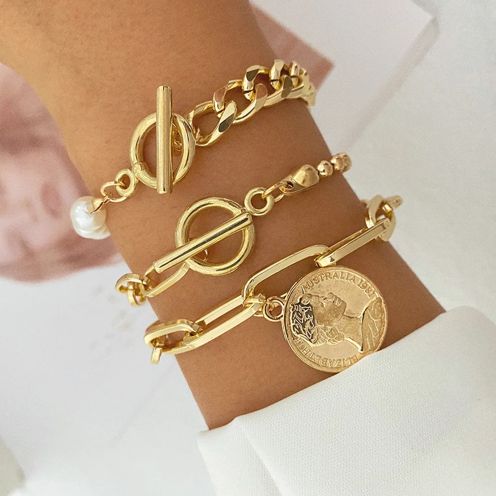 High Quality Gold Plated Fashion Bracelet Jewelry Cuban Snake Bead Chain Bracelet Bangle Bracelet set