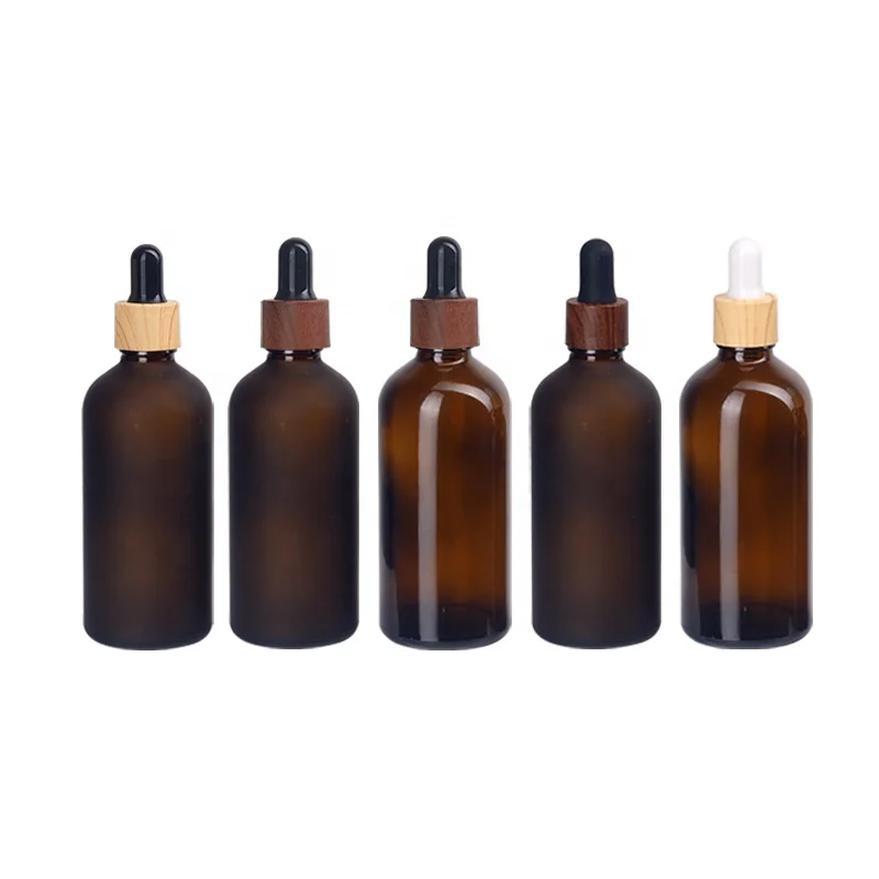 100 ml frosted amber glass bottle 100ml brown glass dropper bottles copper color with 18mm wood plastic dropper pipette