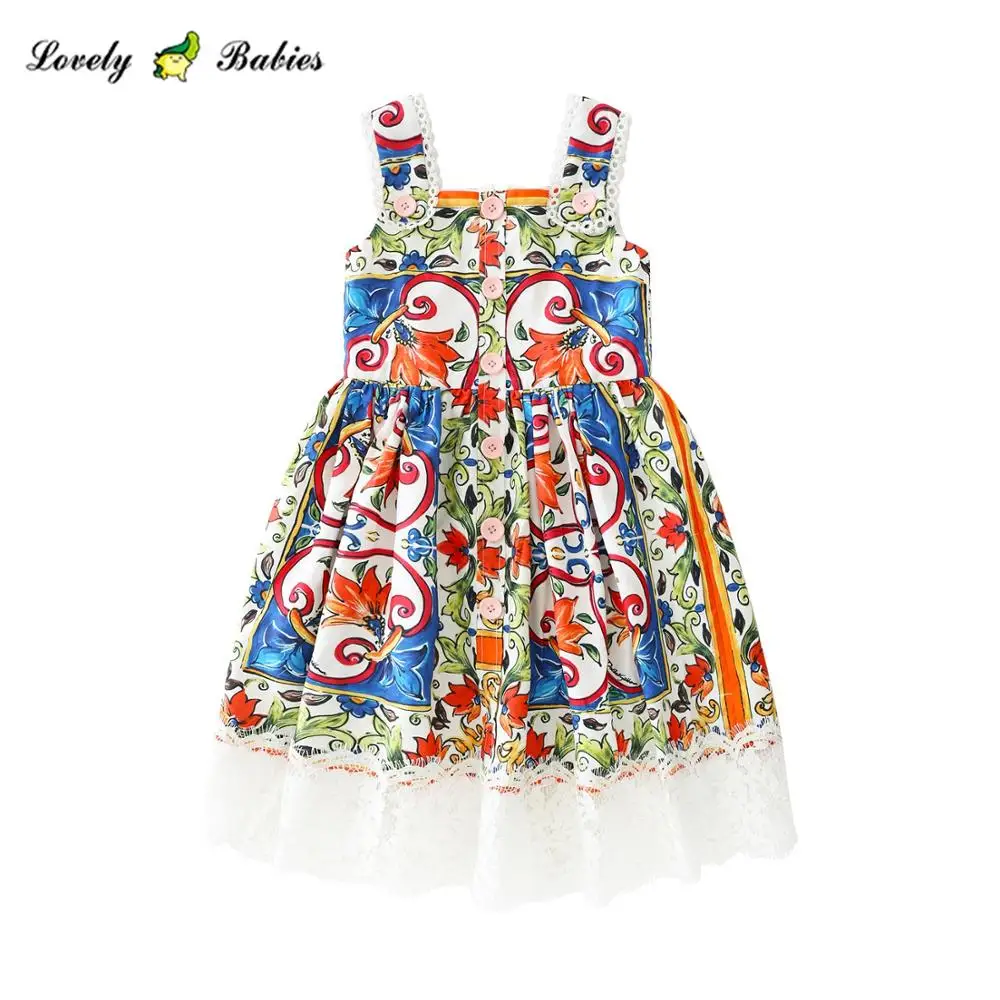 children clothes for holiday toddler girls party  Vintage printed lace girl casual dress
