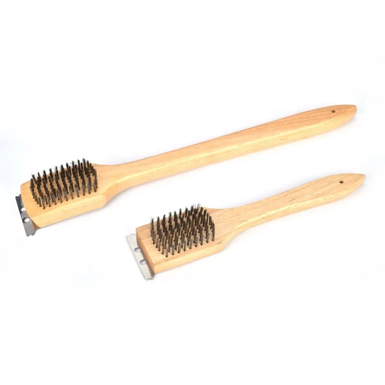 Durable BBQ Tools Stainless Steel Wire Bristle Grill Accessories Scraping Brush With Wood Handle