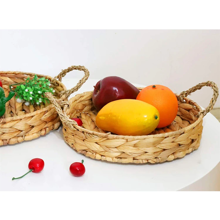 Eco-Friendly Material Woven Stylish Design Round Home Storage Fruit Tray Handmade Water Hyacinth Storage Baskets For Organizing