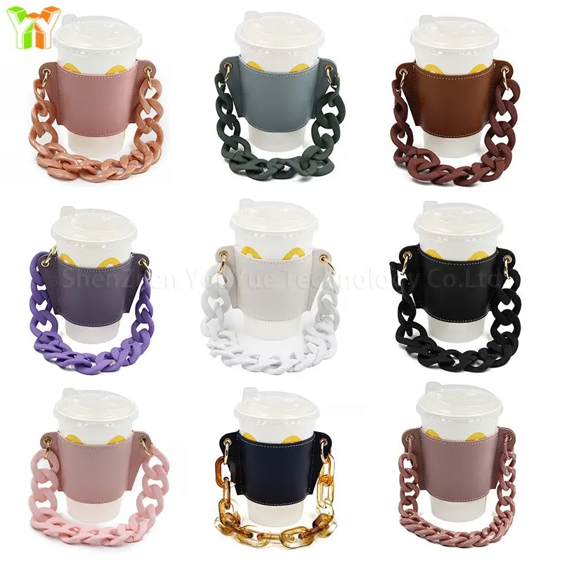 Reusable Coffee Cup Holder Leather Handle Cup Cover with Colorful Chain Portable Cup Sleeve with Amber Chain