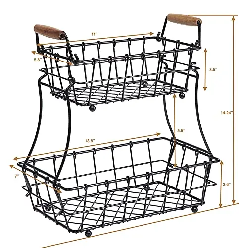 2 Tier Metal Black Rectangle Countertop Fruit Bread Wire Basket