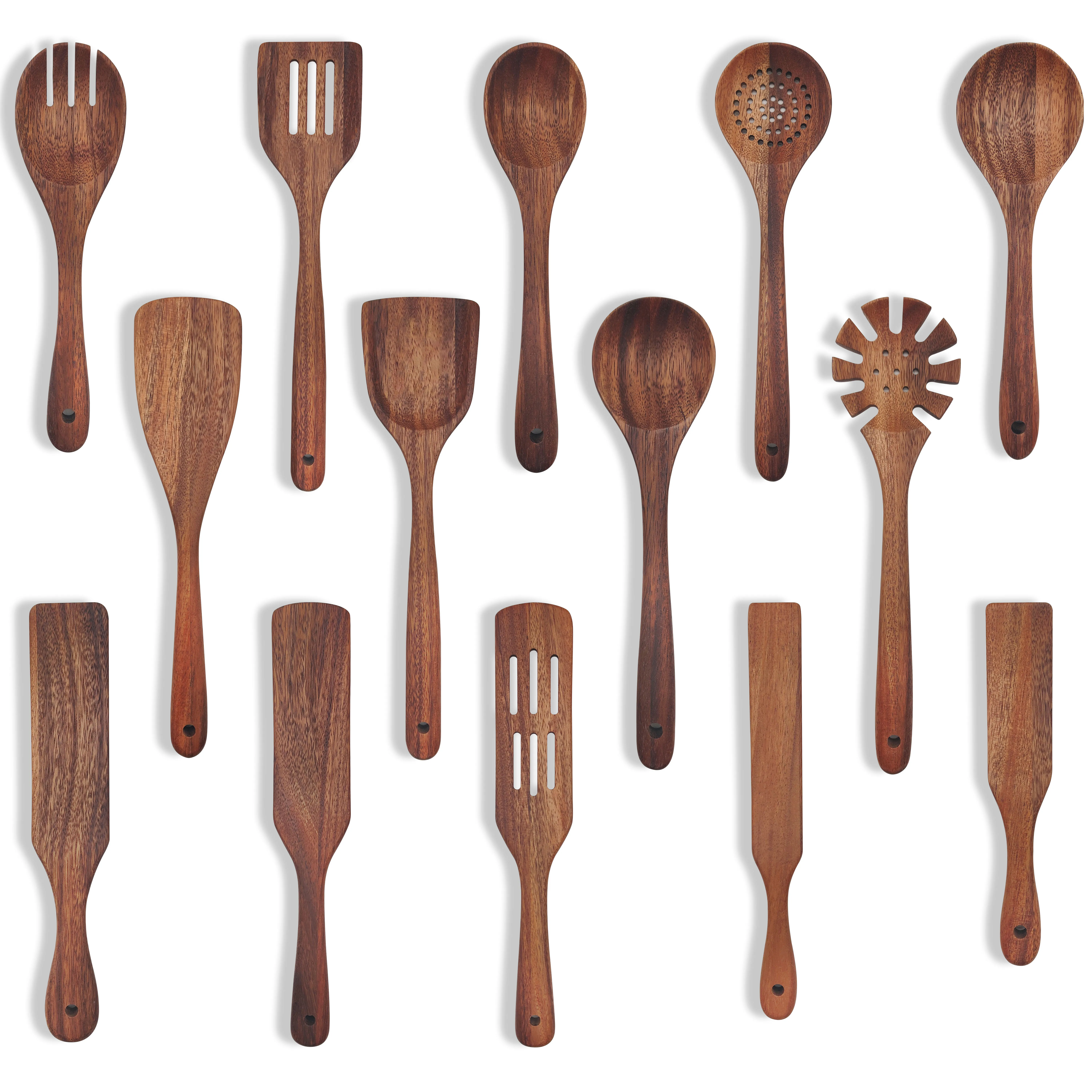 Handle Natural Black Walnut Kitchen Utensils Set-14Pcs Dark Wooden Cooking Utensils Cooking Spoon
