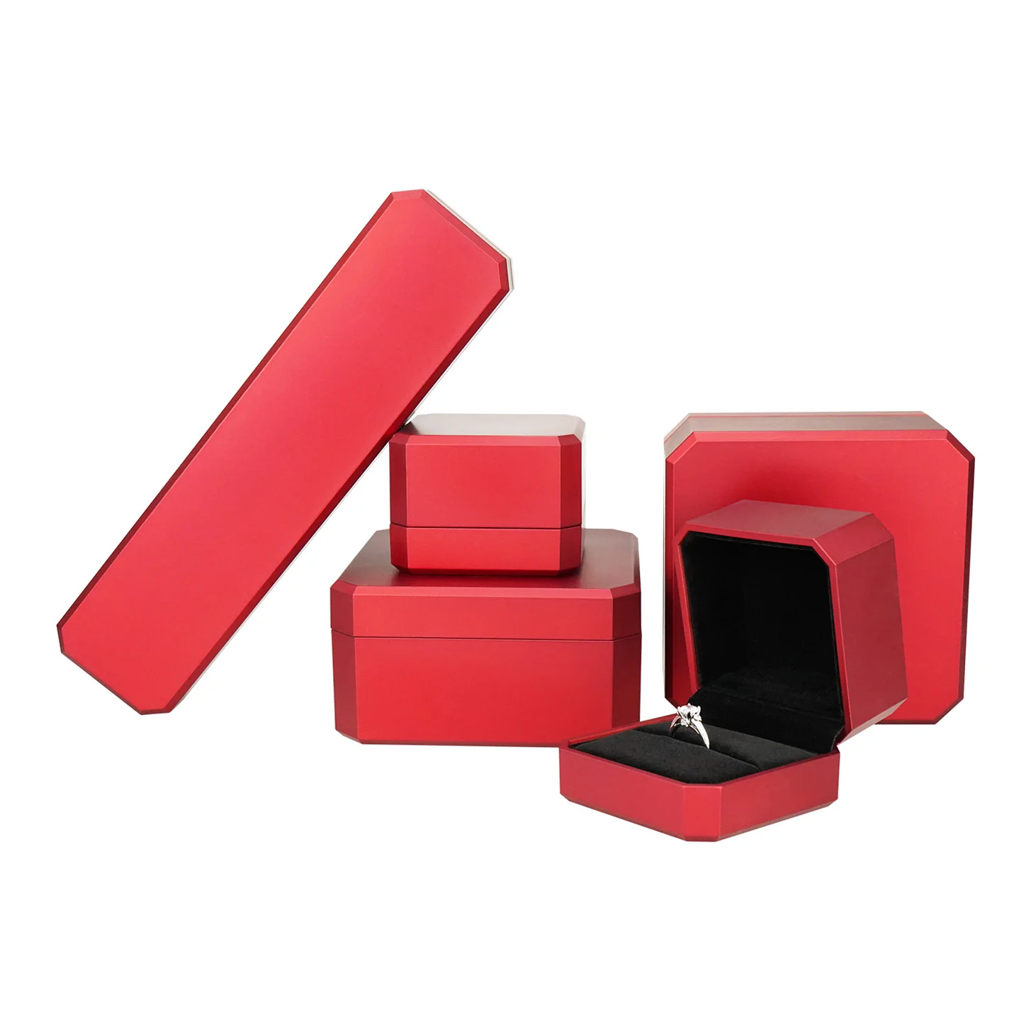 Rose Gold Light Luxury Low Moq Led Red square Glas Smooth Leather Octagon Storage Packaging Tiffanny Jewelry Box with Ribbon